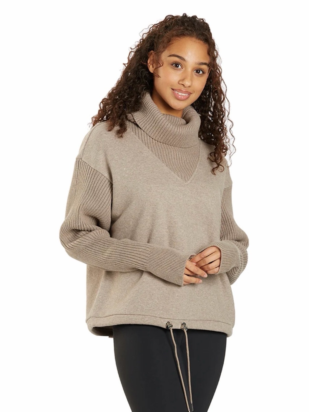 Varley Ramsay Taupe Cropped Cowlneck Drawstring Sweater L Quiet Luxury